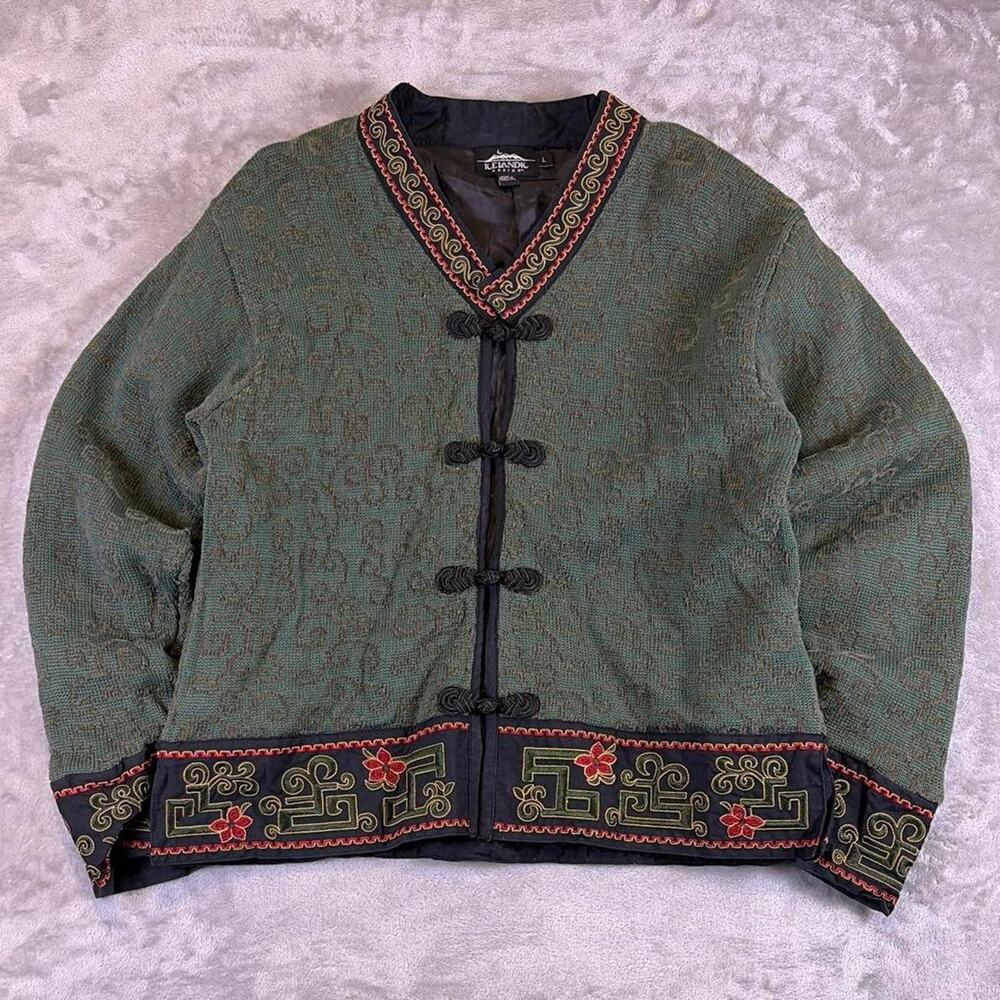 Icelandic Design Women’s Large Green Nordic Wool Cardigan Sweater Toggle Front